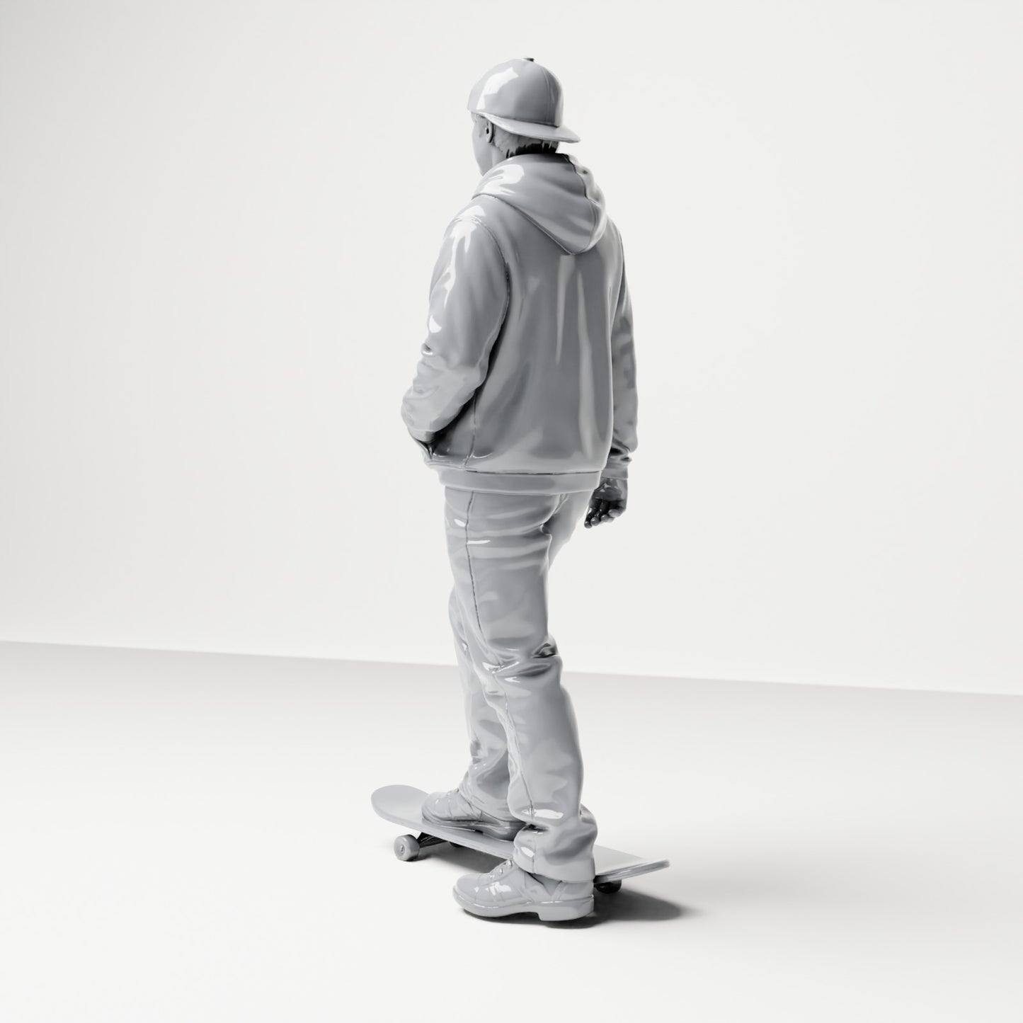 Diorama modelářství produktová fotografie 2: Stojící figurka: skater s kšiltovkou, mikinou s kapucí a skateboardem (B054)