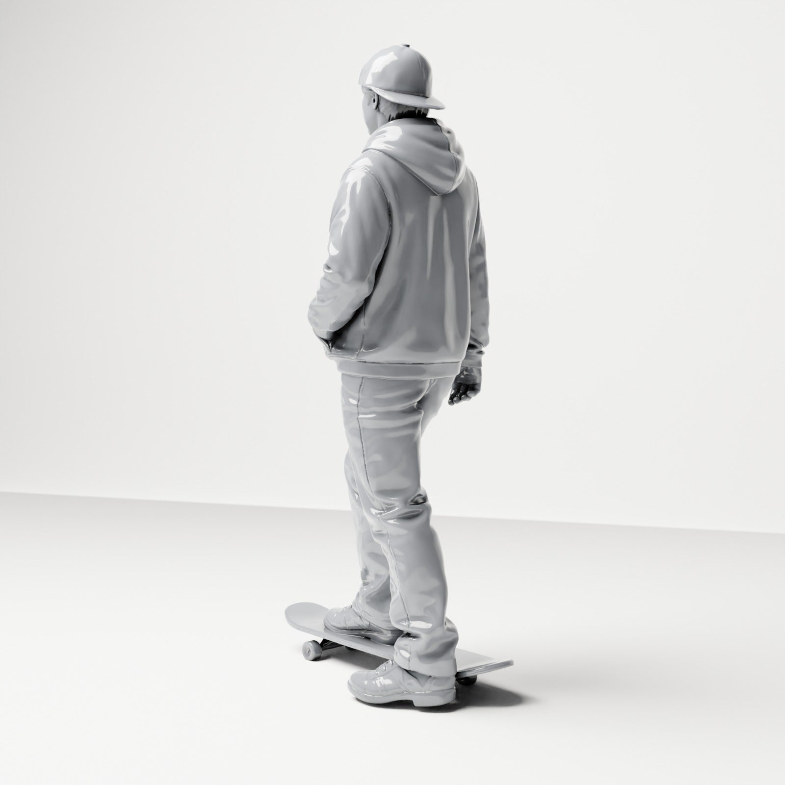 Diorama modelářství produktová fotografie 2: Stojící figurka: skater s kšiltovkou, mikinou s kapucí a skateboardem (B054)
