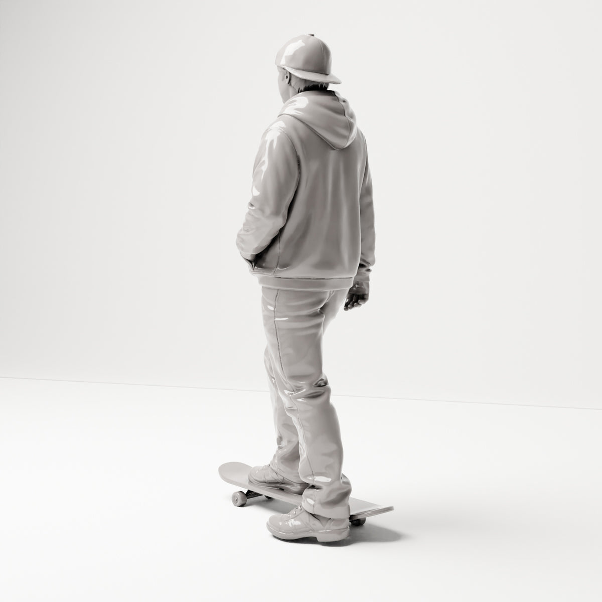 Stehende Figur: Skater mit Kappe, Kapuzenpullover & Skateboard (B054) - Rueckansicht