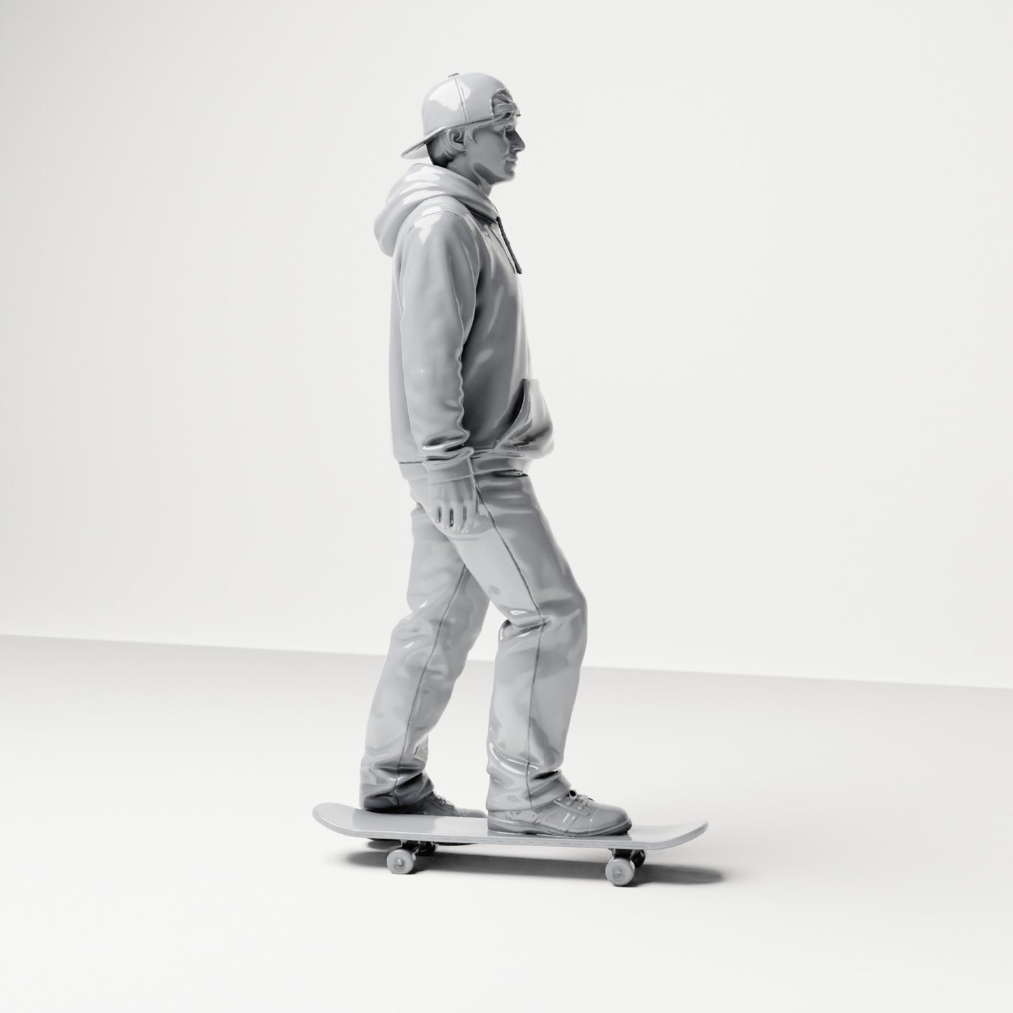 Produktová fotografie pro dioráma a modelářství 3: Stojící figurka: skater s kšiltovkou, mikinou s kapucí a skateboardem (B054)