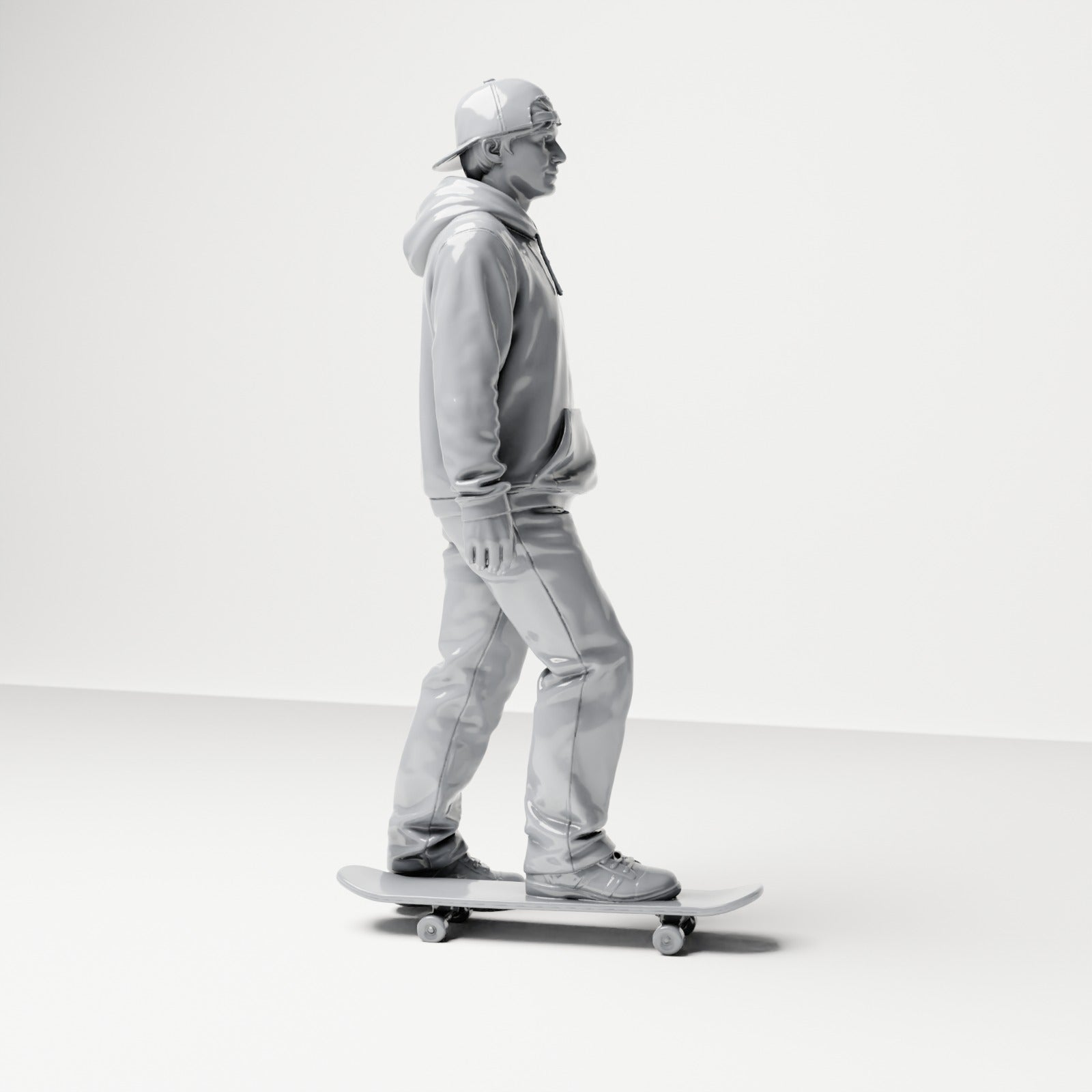 Produktová fotografie pro dioráma a modelářství 3: Stojící figurka: skater s kšiltovkou, mikinou s kapucí a skateboardem (B054)