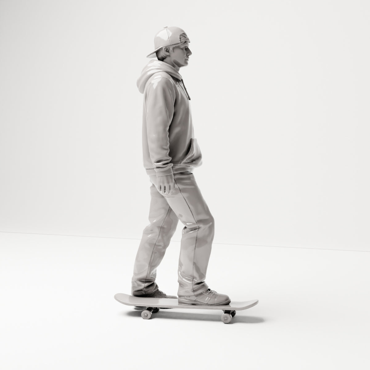 Stehende Figur: Skater mit Kappe, Kapuzenpullover & Skateboard (B054) - rechte Seitenansicht