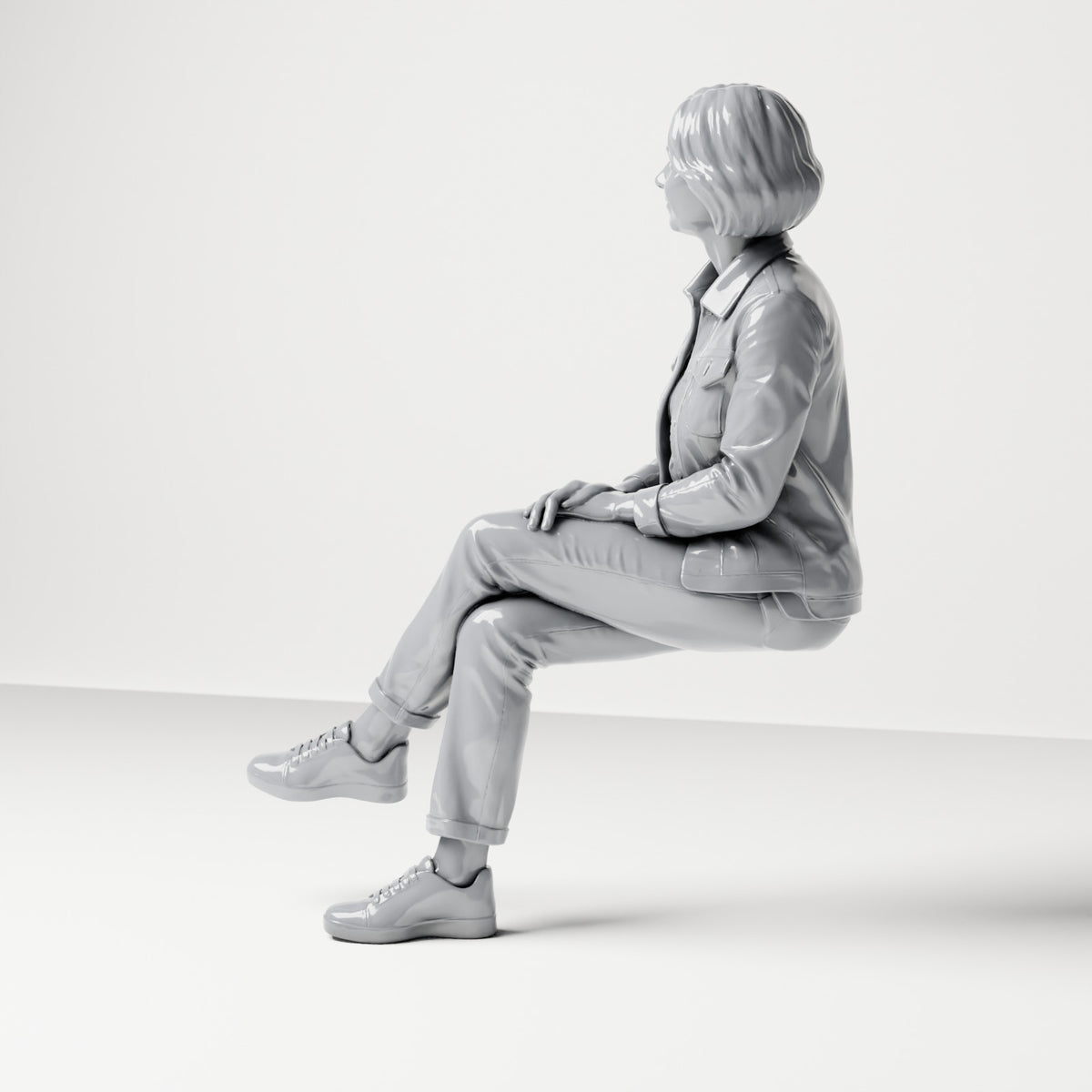 Diorama Modellbau Produktfoto 1: Sitzende Figur: Zuschauerin mit überschlagenen Beinen und Händen auf dem Knie (B056)