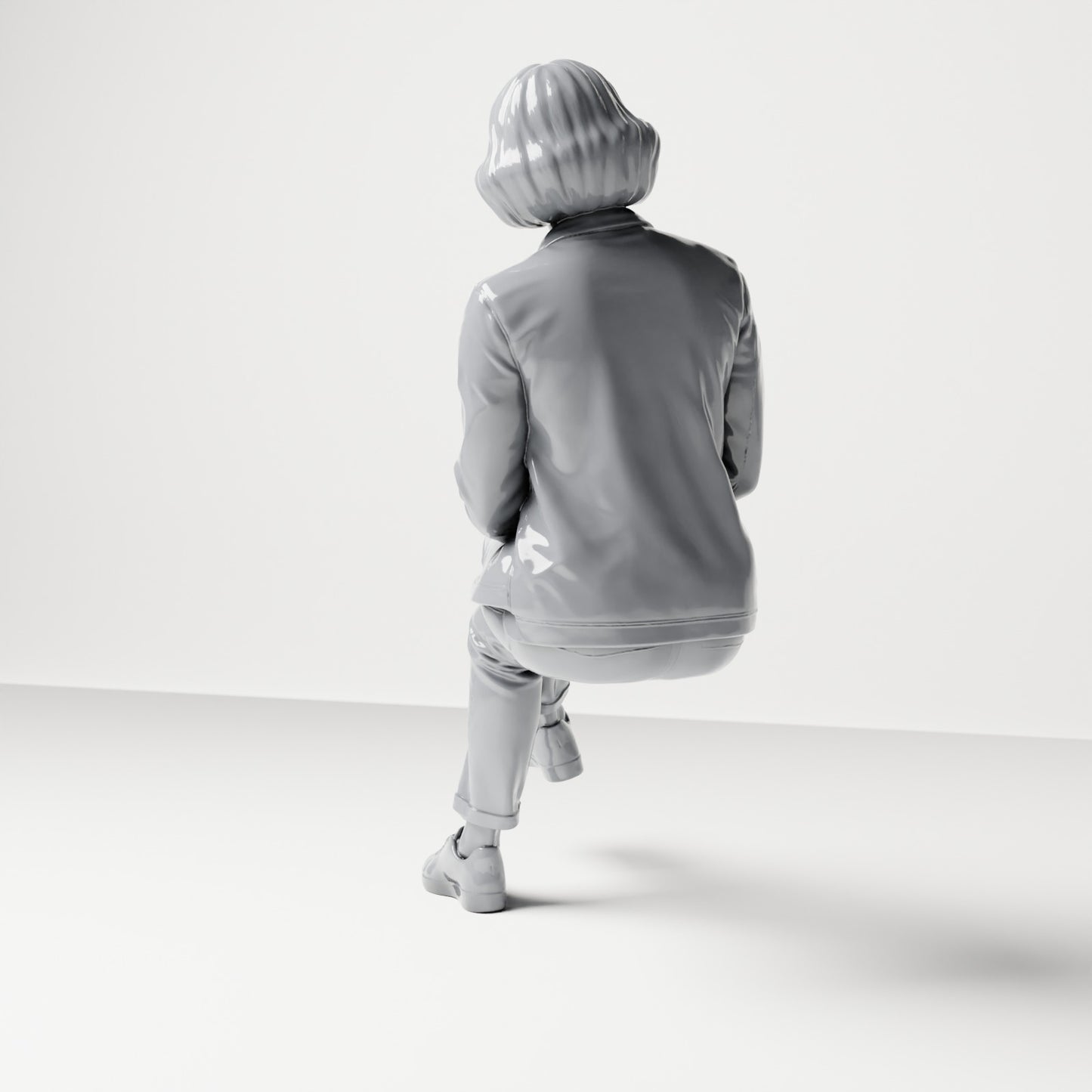 Diorama Modellbau Produktfoto 2: Sitzende Figur: Zuschauerin mit überschlagenen Beinen und Händen auf dem Knie (B056)