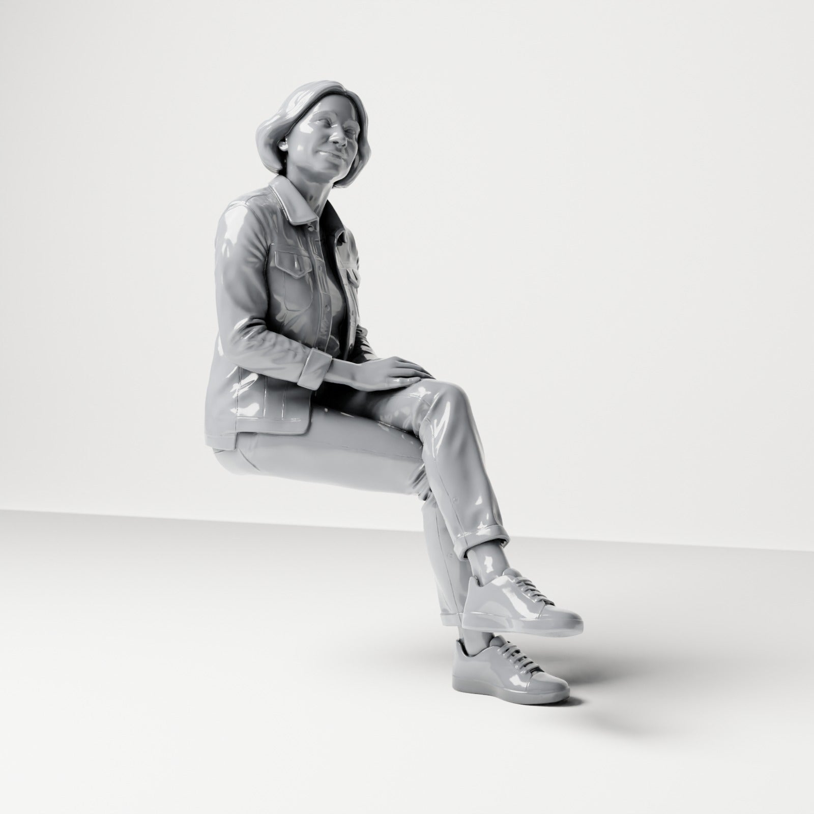 Diorama Modellbau Produktfoto 3: Sitzende Figur: Zuschauerin mit überschlagenen Beinen und Händen auf dem Knie (B056)