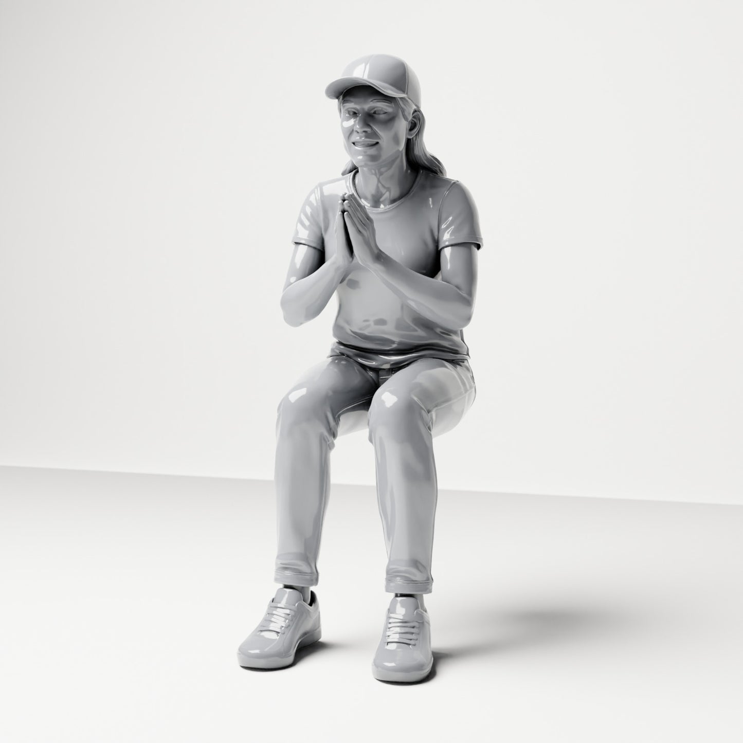 Foto de produto de modelismo para diorama 0: Figura sentada: espectadora com as mãos juntas em frente ao peito (B058)