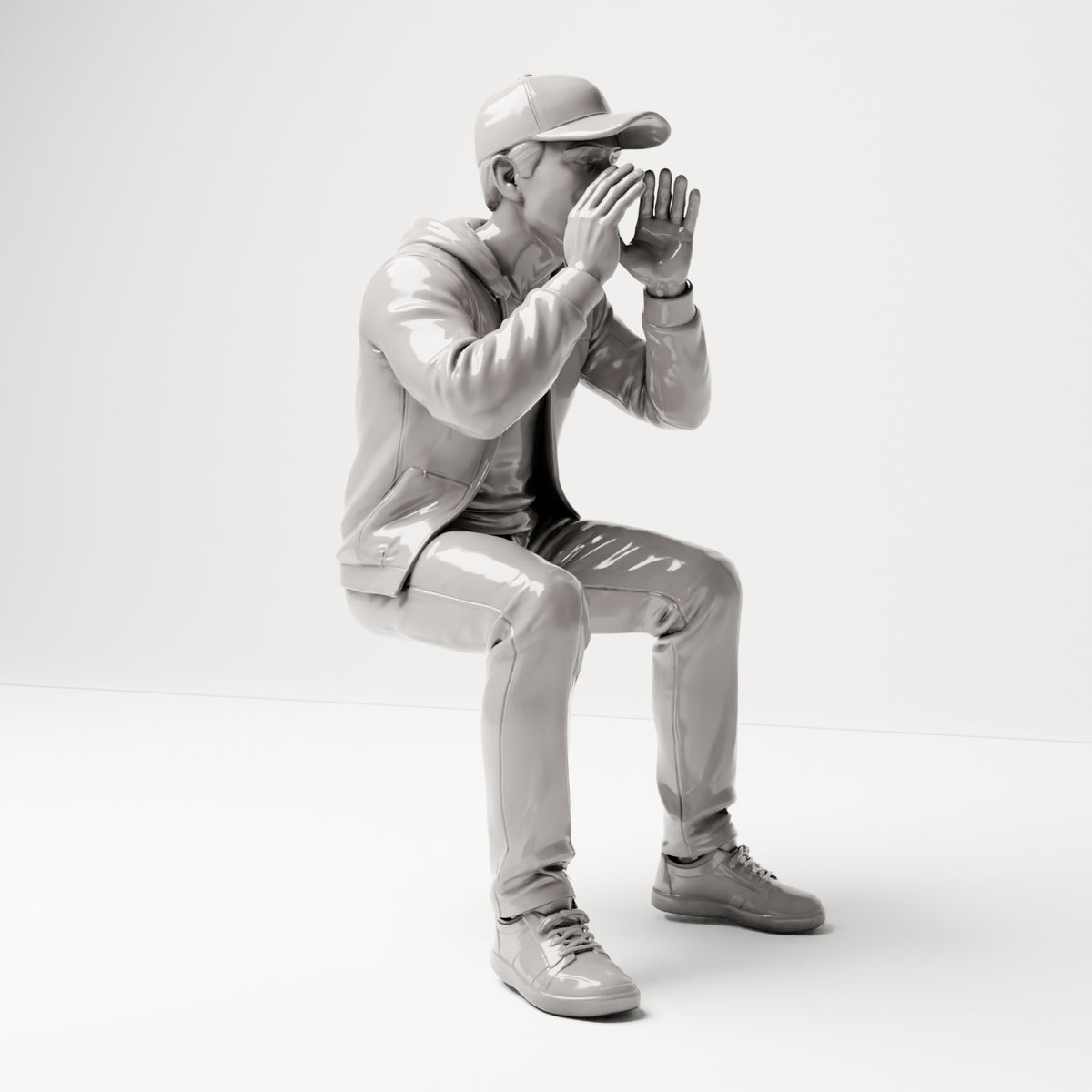 Sitzende Figur: Rufender Zuschauer mit Händen am Mund (B060) - rechte Seitenansicht