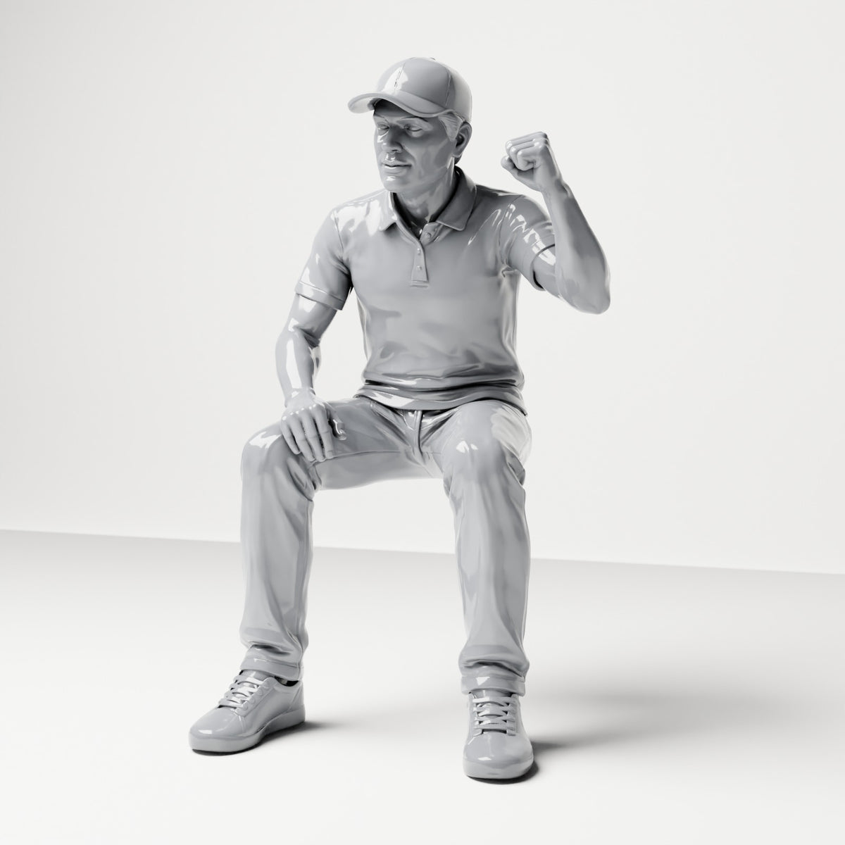 Diorama Modellbau Produktfoto 0: Sitzende Figur: Männlicher Zuschauer mit erhobener geballter Faust (B065)
