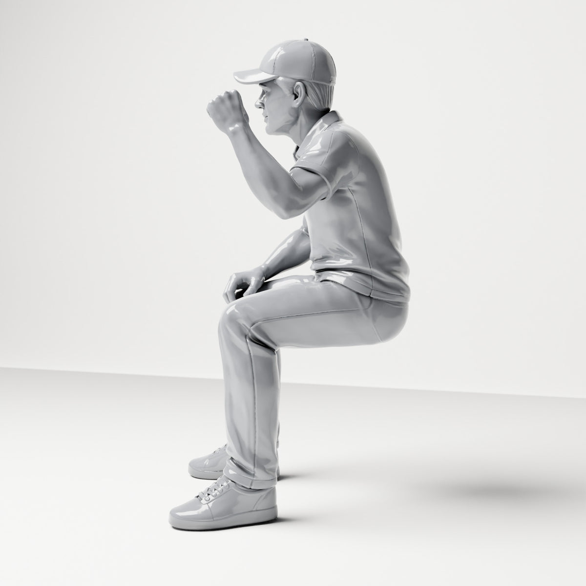 Diorama Modellbau Produktfoto 1: Sitzende Figur: Männlicher Zuschauer mit erhobener geballter Faust (B065)