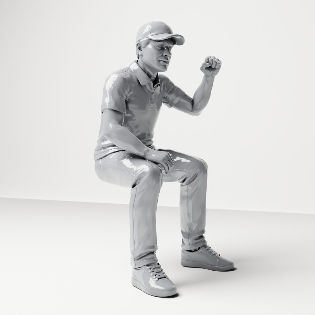 Diorama Modellbau Produktfoto 3: Sitzende Figur: Männlicher Zuschauer mit erhobener geballter Faust (B065)