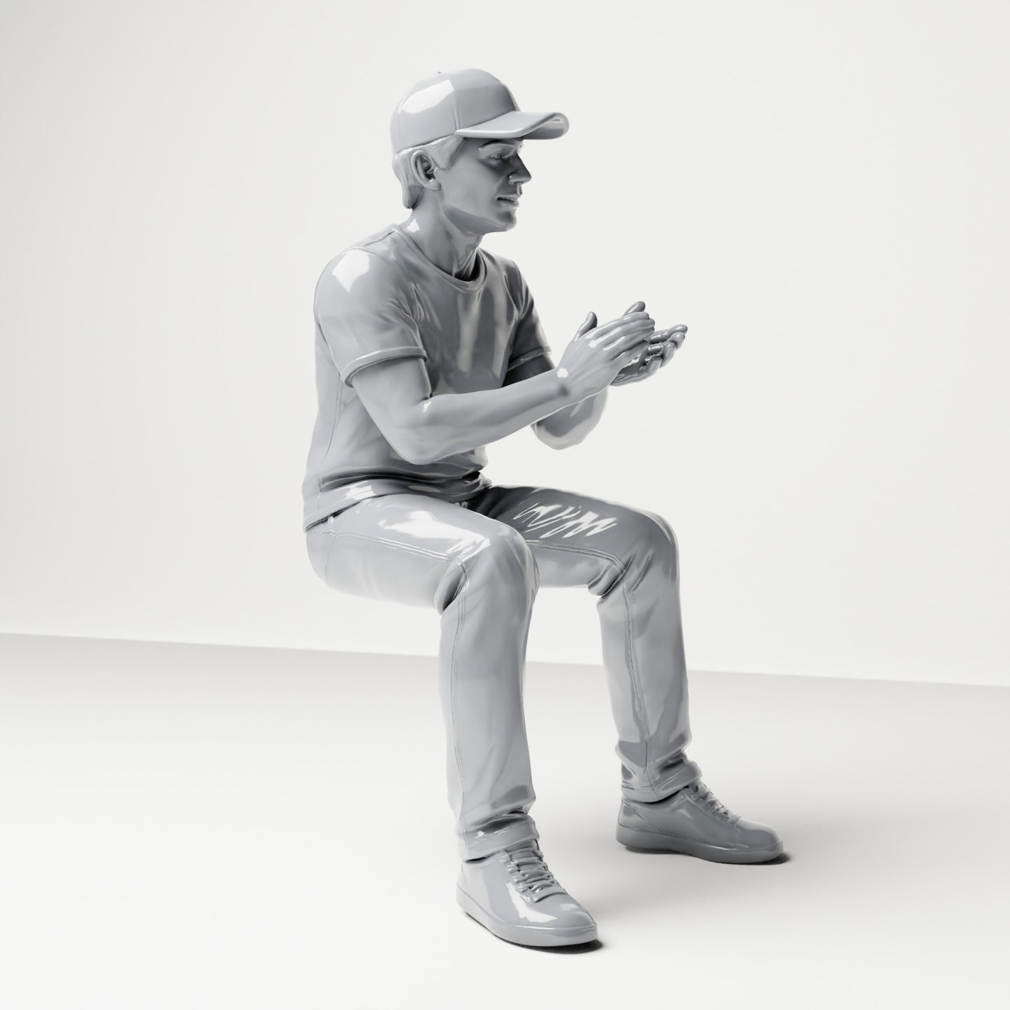 Foto prodotto diorama modellismo 3: figura seduta, spettatore maschile con berretto e mani congiunte (B068)