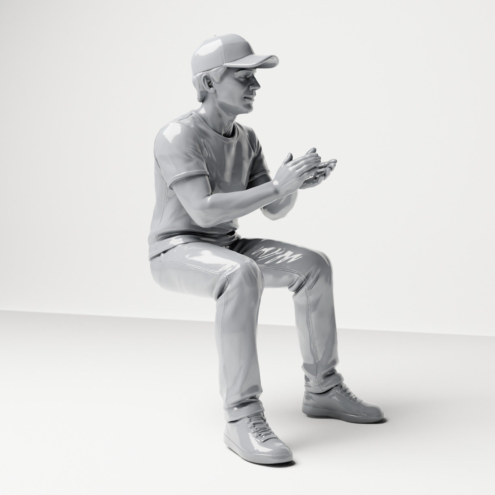 Foto prodotto diorama modellismo 3: figura seduta, spettatore maschile con berretto e mani congiunte (B068)