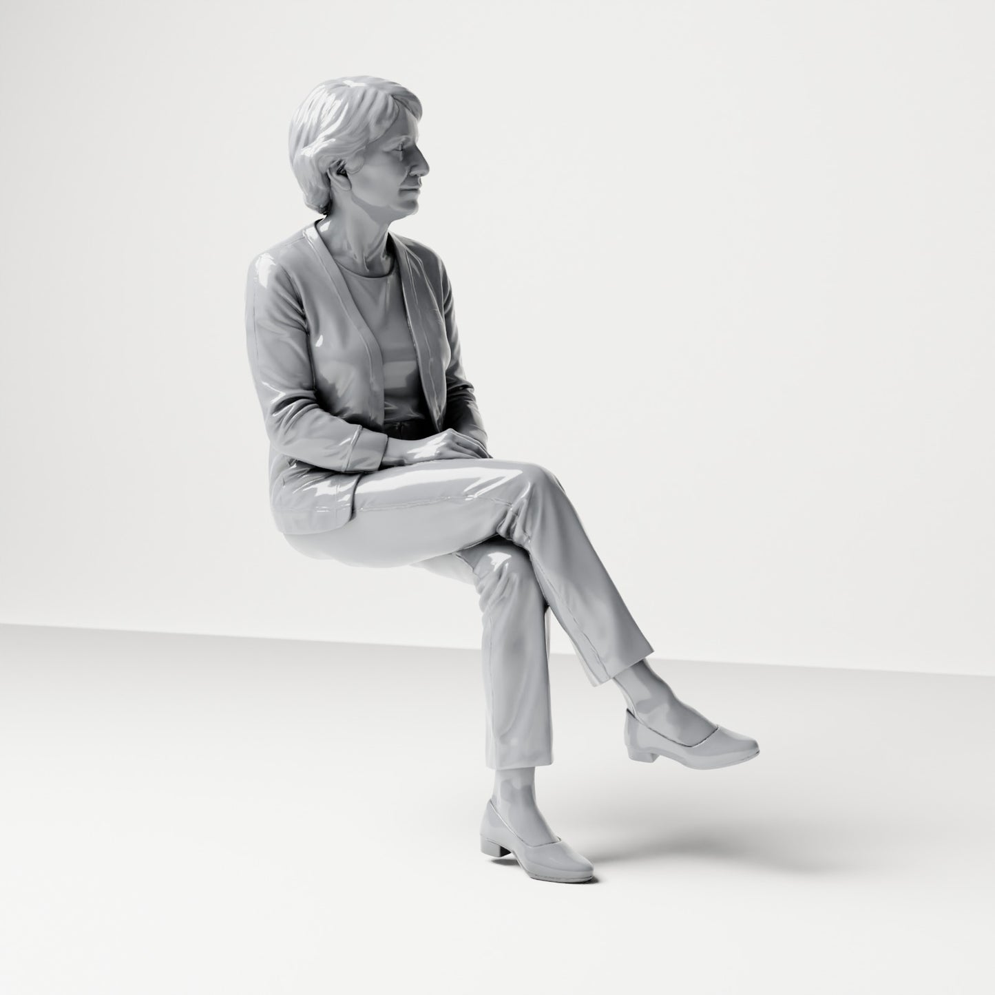 Diorama modelářství produktová fotografie 3: Sedící figurka: divačka s překříženýma nohama a sepjatýma rukama (B069)