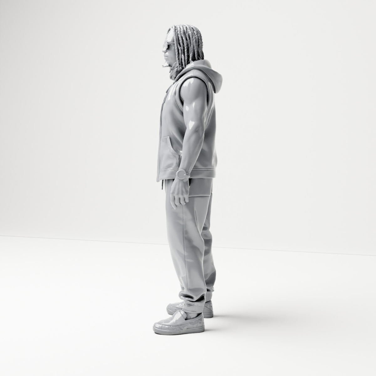 Diorama Modellbau Produktfoto 1: Stehende Figur: Mann mit Sonnenbrille, Zöpfen und ärmelloser Jacke (B074)