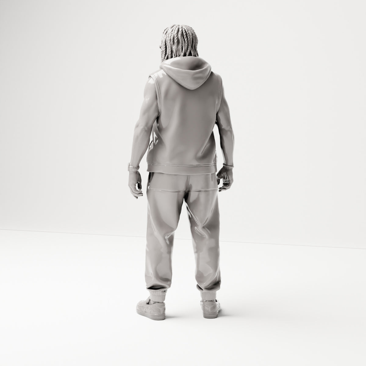 Stehende Gangster-Figur: Mann mit Zöpfen, Sonnenbrille & weiter Hose (B074) - Rueckansicht