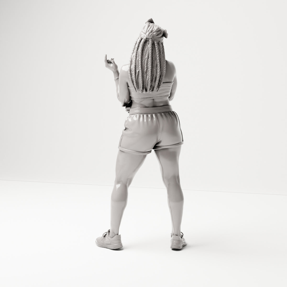 Stehende Gangster-Figur: Frau mit Zöpfen, Crop-Top & Shorts (B075) - Rueckansicht