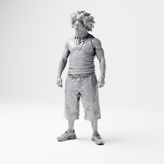 Diorama Modellbau Produktfoto 0: Stehende Figur: Mann mit ärmellosem Oberteil, langen Shorts und Turnschuhen (B076)