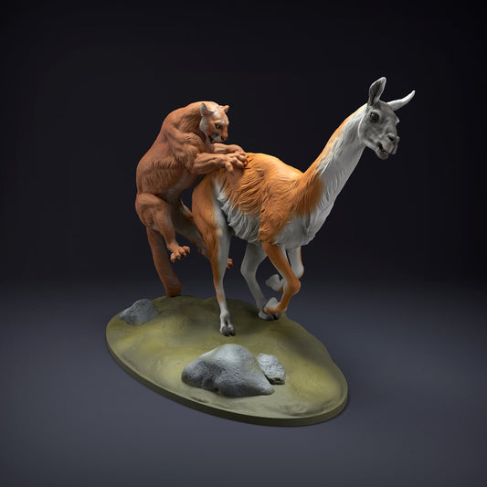 Produktfoto Tier Figur Diorama, Modellbau: 0: Wildtier Figur: Berglöwe jagt Guanako (Ref 01_01_51)