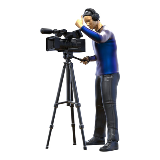 Produktfoto Diorama und Modellbau Miniatur Figur: Reporter Team - Kameramann mit Kamera und Stativ