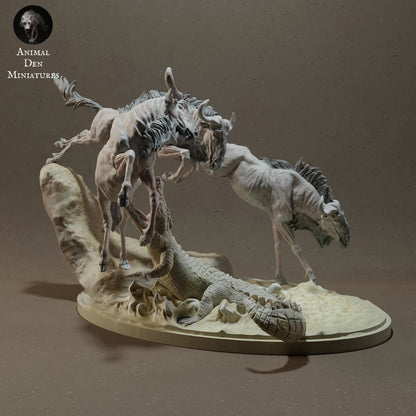 Zdjęcie produktu Figurki zwierzęcia Diorama, Modelarstwo: 0: Figurki zwierząt sawanny: Gnu podczas przekraczania rzeki z krokodylem nilowym (Ref 01_01_41)