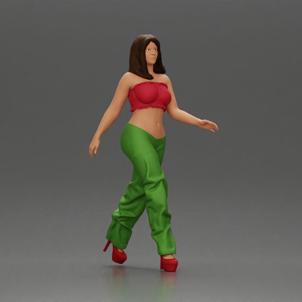 Diorama Modelismo Foto do Produto 0: Figura de Diorama: Miniatura de Mulher em Posição de Caminhada, verde-vermelho, Top Curto, Calças Largas, Sapatos de Salto (Ref Nr. A141)