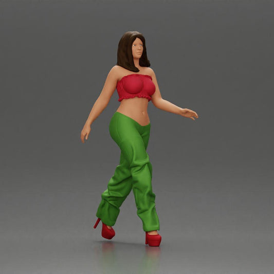 Diorama Modellbau Produktfoto 0: Diorama Figur: Miniatur-Figur Frau in Gehpose, grün-rot, Kurztop, weite Hose, Pumps (Ref Nr. A141)