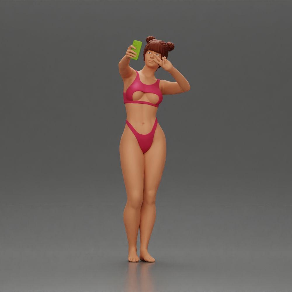 Imagem do produto de modelismo de diorama 0: Miniatura de diorama: Mulher de biquíni tirando selfie na praia, figura em pé (Ref Nr. A69)
