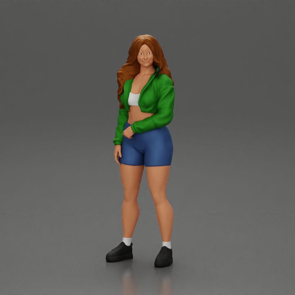 Diorama modellismo foto prodotto 0: Miniatura: Ragazza sportiva in piedi con giacca corta, pantaloni corti e sneakers (Ref Nr. A74)