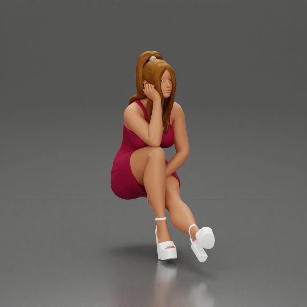 Imagem do produto de modelismo de diorama 1: Figura de diorama: Miniatura de diorama de mulher sentada em vestido rosa, mão na bochecha, sapatos de plataforma (Ref Nr. A131)