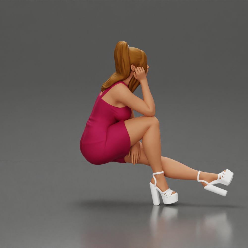 Imagem do produto de modelismo de diorama 2: figura de diorama: miniatura de diorama de mulher sentada em vestido rosa, mão na bochecha, sapatos de plataforma (Ref Nr. A131)