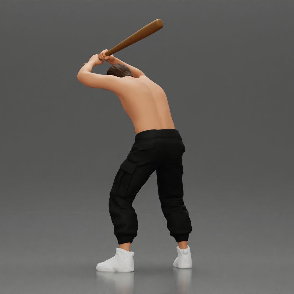Diorama modelářství produktové foto 3: Stojící, bezhlavá miniatura s vztyčeným baseballovým pálkou, agresivní póza (Ref Nr. A89)