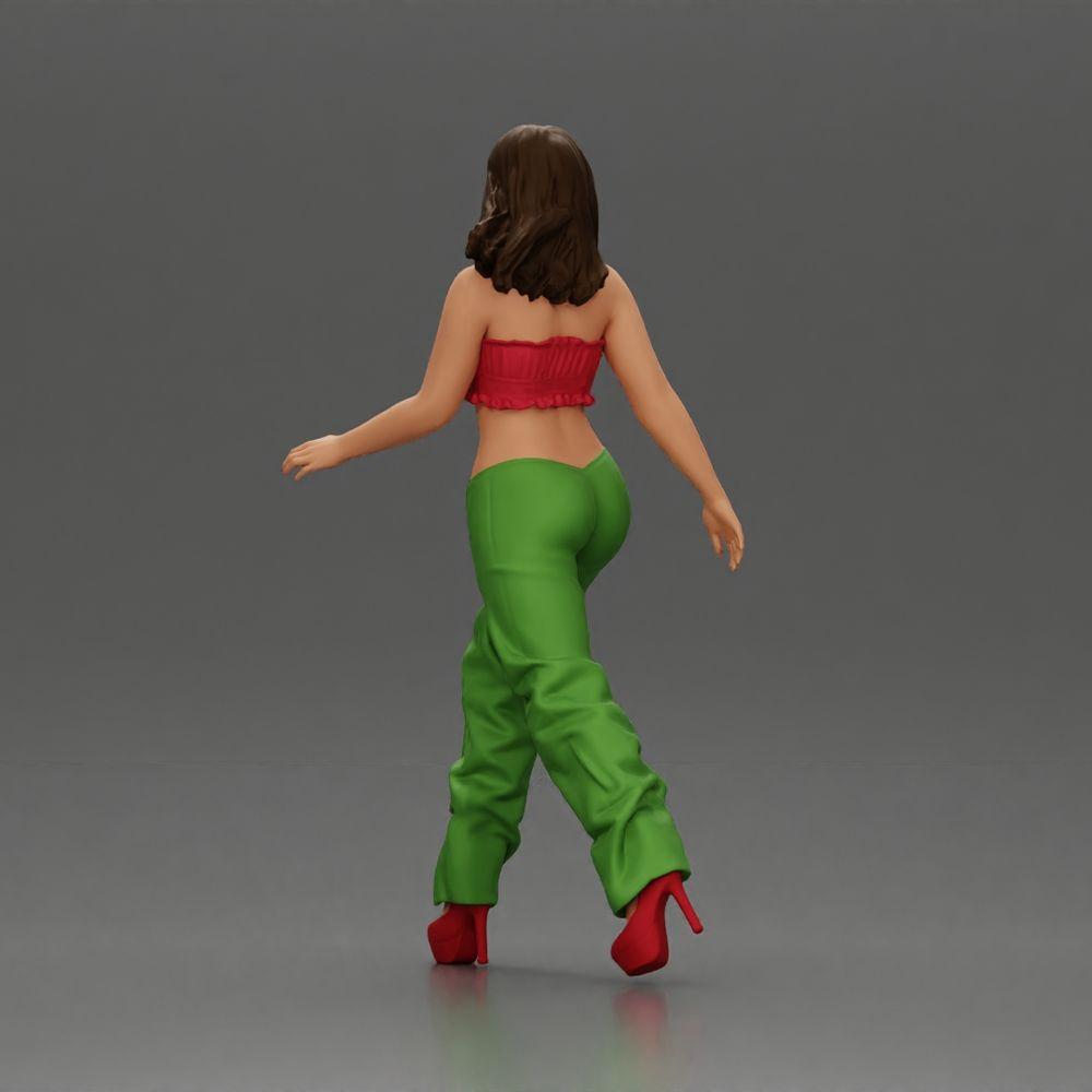 Diorama Modelismo Foto de Produto 3: Figura de Diorama: Miniatura de Mulher em Pose de Caminhada, verde-vermelho, Top Curto, Calças Largas, Sapatos de Salto (Ref Nr. A141)