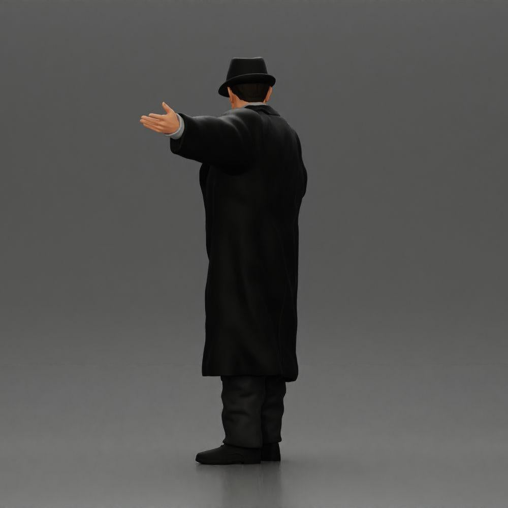 Diorama Modellbau Produktfoto 4: Diorama-Miniatur: Mafioso im Anzug und Mantel mit Hut, gestikulierend (Ref Nr. A94)