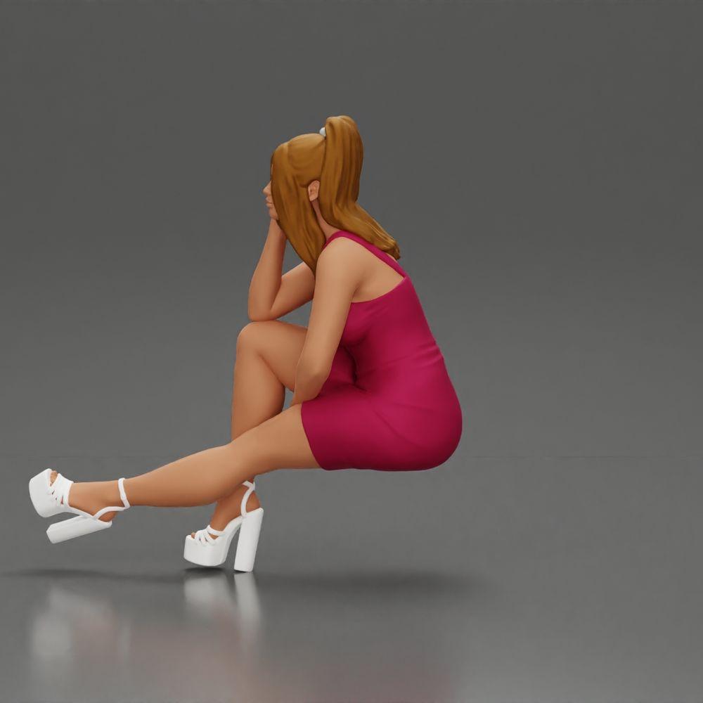 Imagem do produto de modelismo diorama 5: Figura de diorama: Miniatura de diorama de mulher sentada em vestido rosa, mão na bochecha, sapatos de plataforma (Ref Nr. A131)