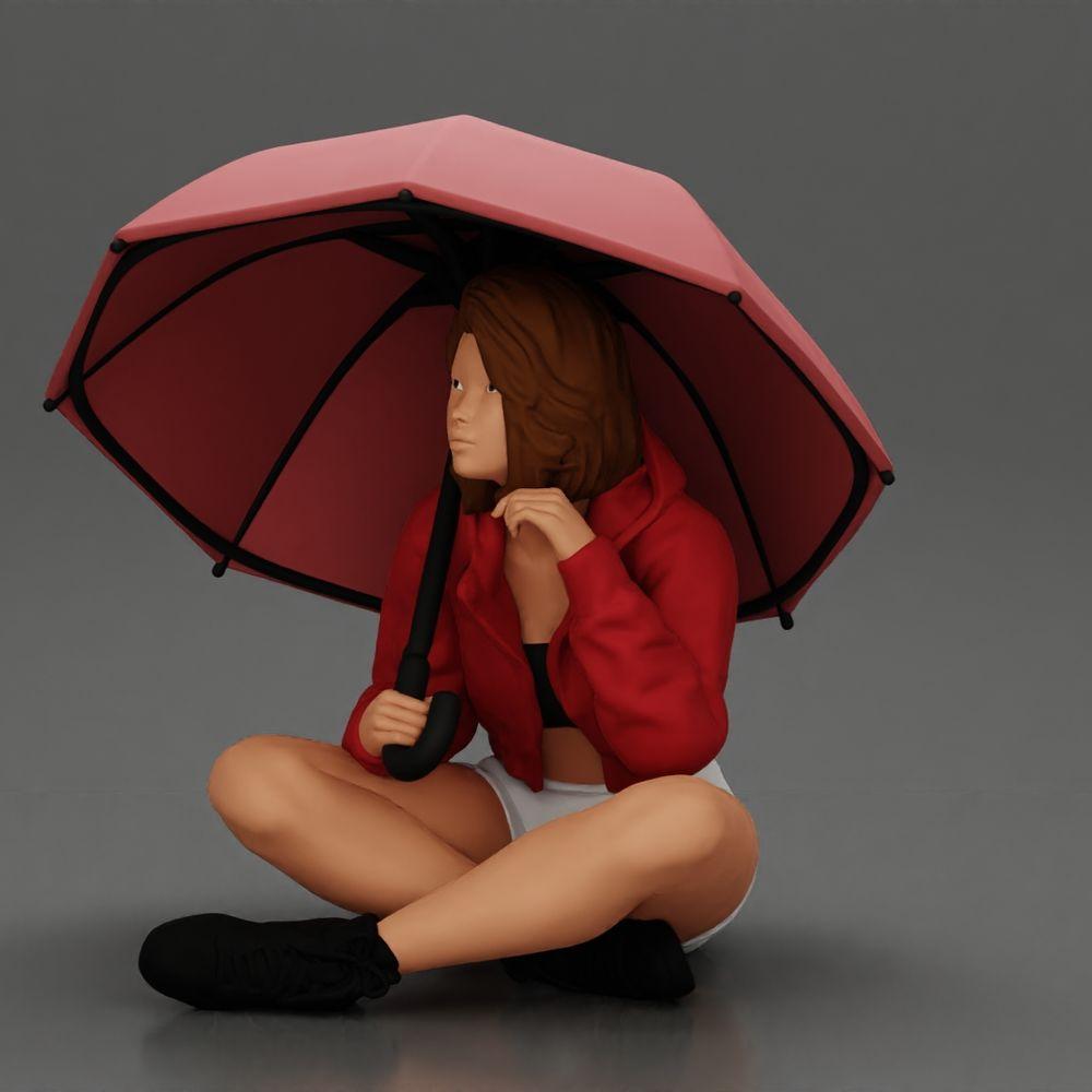 Diorama Modelismo Foto do Produto 5: Miniatura de Diorama: Mulher Sentada com Casaco e Calções com Guarda-Chuva Aberto (Ref Nr. A85)