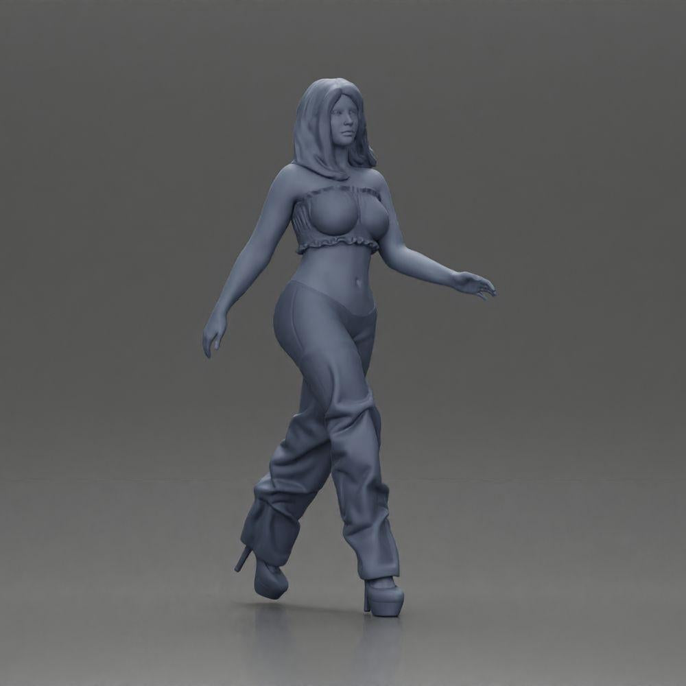 Diorama Modelismo Foto de Produto 6: Figura de Diorama: Miniatura de Mulher em Posição de Caminhada, verde-vermelho, Top Curto, Calças Largas, Sapatos de Salto (Ref Nr. A141)