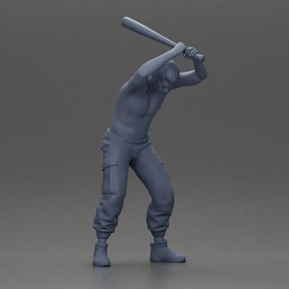 Diorama modelářství produktové foto 6: Stojící, bezhlavá miniatura s vyzdviženou baseballovou pálkou, agresivní póza (Ref Nr. A89)