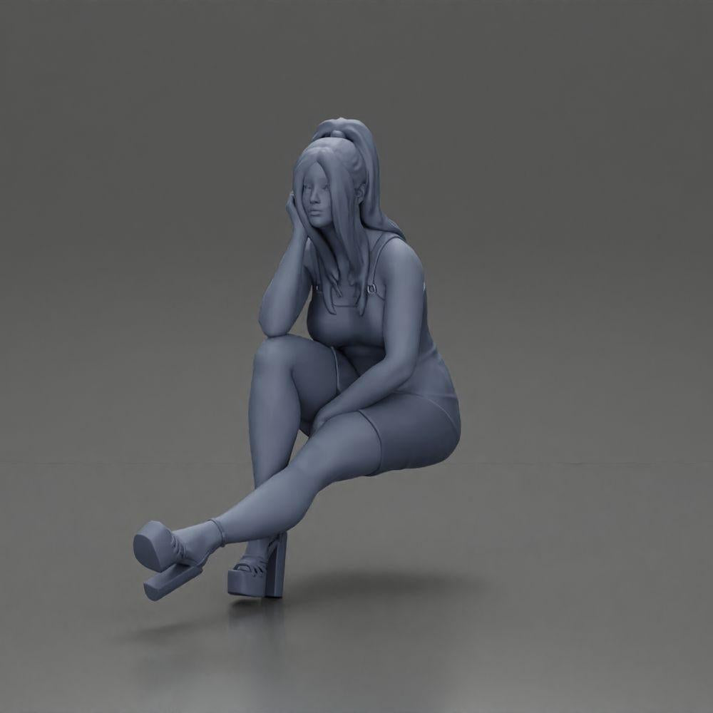 Diorama Modelismo Foto do Produto 6: Figura de Diorama: Miniatura de Diorama mulher sentada em vestido rosa, mão na bochecha, sapatos de plataforma (Ref Nr. A131)