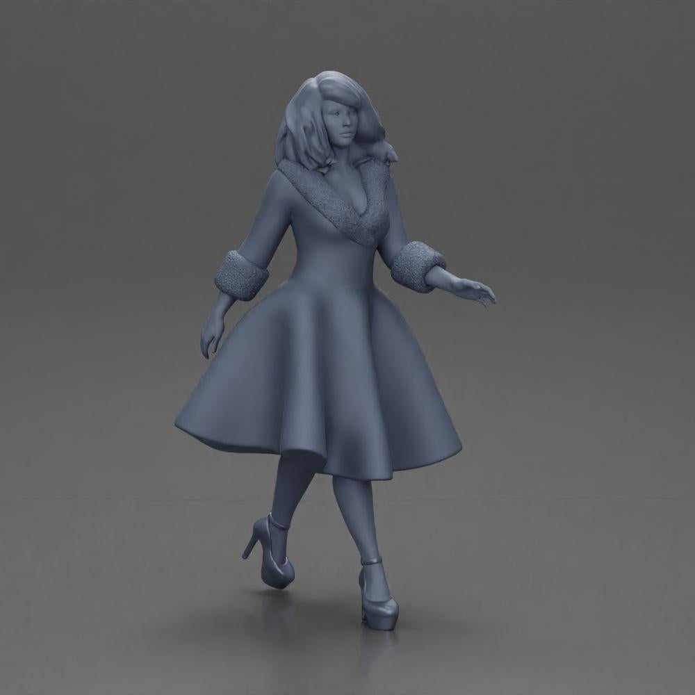 Diorama Modellbau Produktfoto 6: Diorama Figur: Miniaturfigur Frau im roten Kleid mit Pelzbesatz in schrittender Pose - Diorama (Ref Nr. A117)