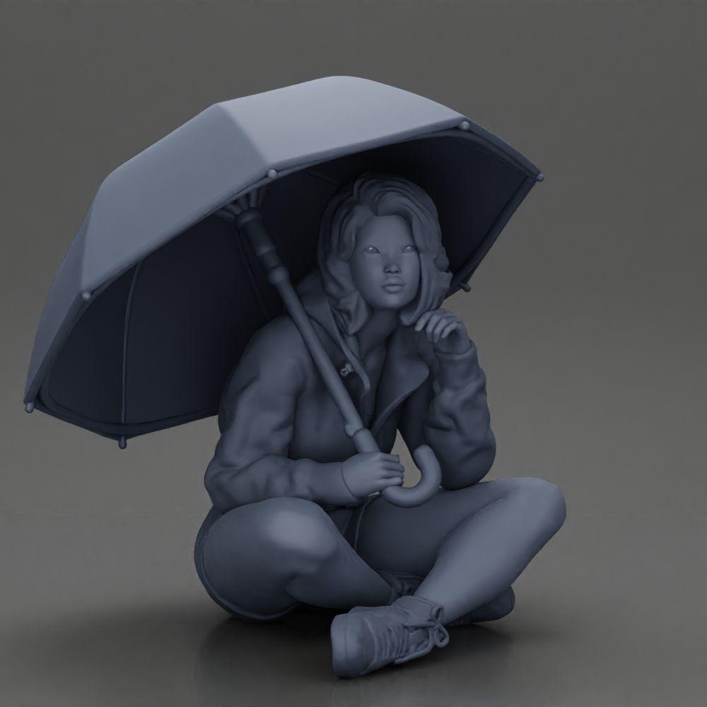 Foto de produto de modelismo diorama 6: Miniatura de diorama: Mulher sentada em casaco e calções com guarda-chuva aberto (Ref Nr. A85)