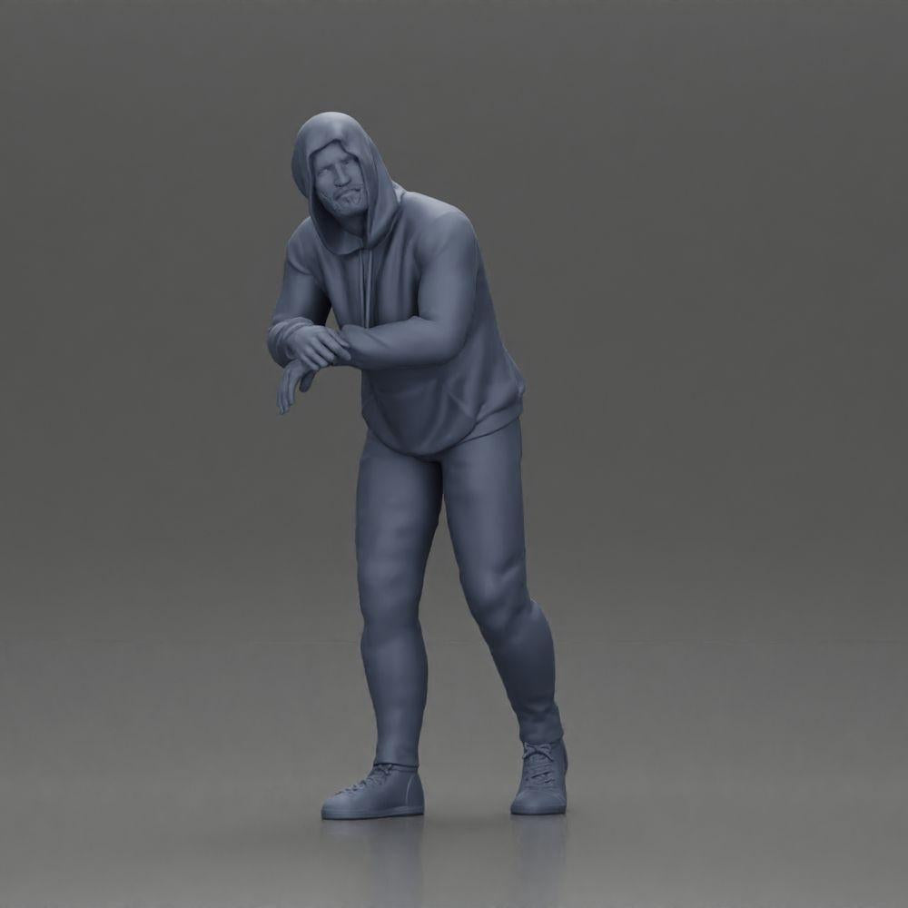 Foto do produto de modelismo de diorama 6: Figura de diorama: Homem com capuz, mãos no carro, ligeiramente inclinado para frente (Ref Nr. A115)