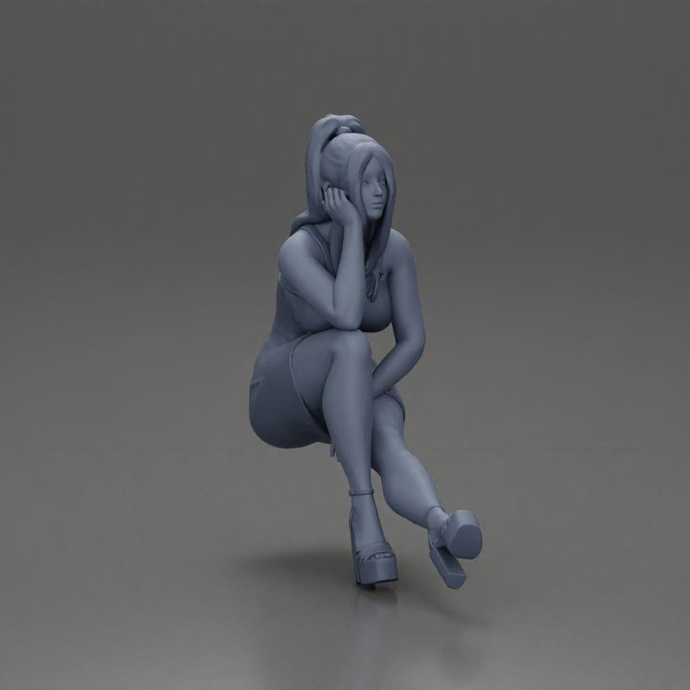 Diorama Modelismo Foto do Produto 7: Figura de Diorama: Miniatura de diorama mulher sentada em vestido rosa, mão na bochecha, sapatos de plataforma (Ref Nr. A131)