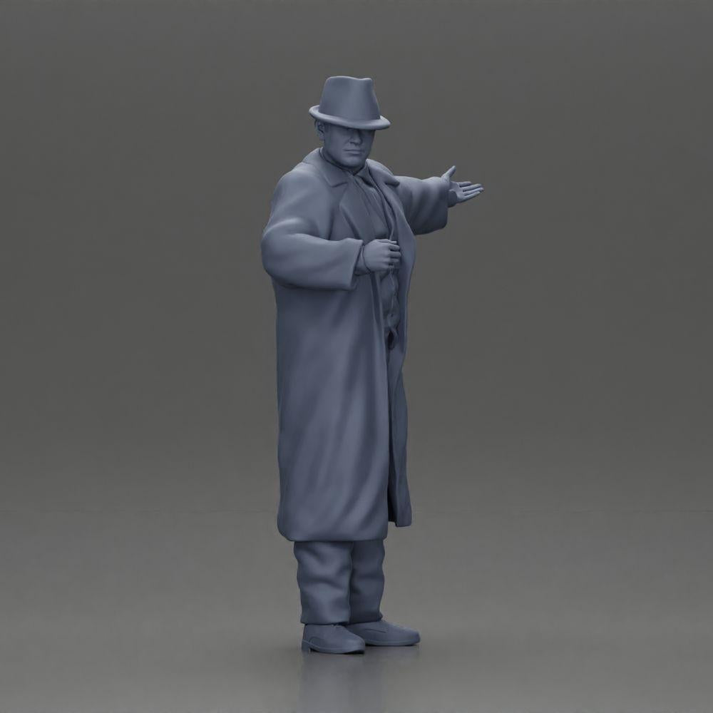 Diorama Modellbau Produktfoto 7: Diorama-Miniatur: Mafioso im Anzug und Mantel mit Hut, gestikulierend (Ref Nr. A94)