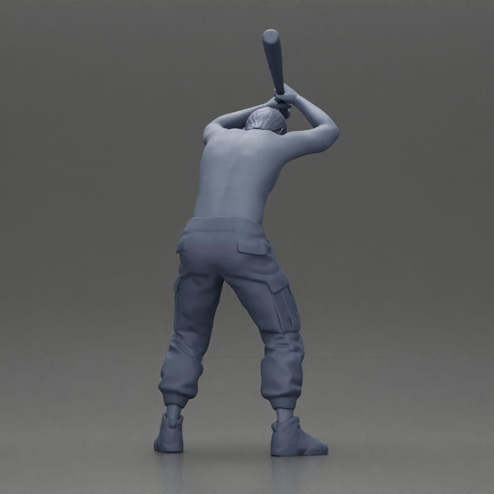 Diorama modelářství produktová fotografie 8: Stojící, bezhlavá miniatura s vyzdviženým baseballovým pálkou, agresivní póza (Ref Nr. A89)