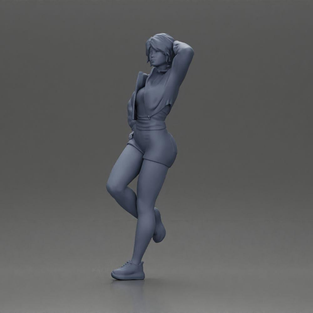 Diorama Modellbau Produktfoto 11: Weibliche Miniatur mit kurzem Haar, Jacke & Shorts, an Auto gelehnt (Ref Nr. A67)