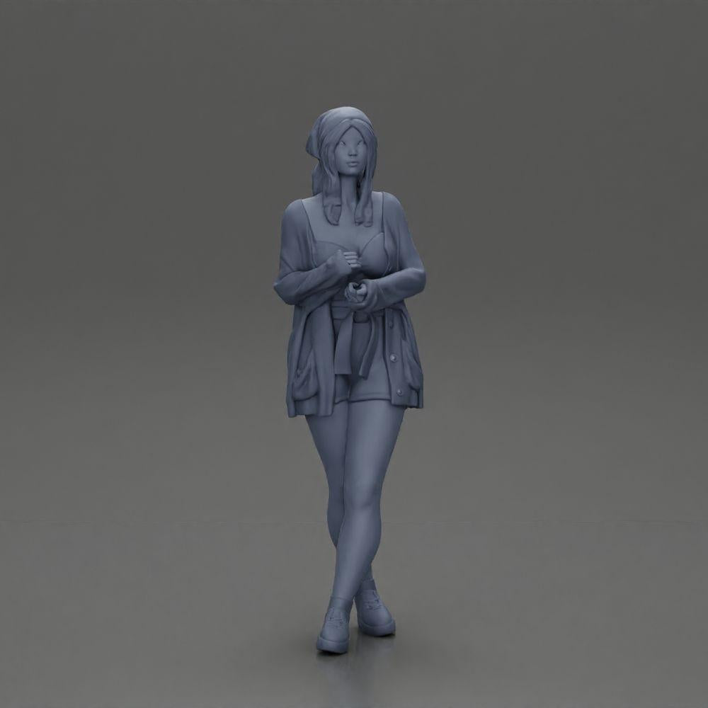 Diorama Modellismo foto prodotto 15: Figura femminile diorama con cardigan aperto e pantaloni corti con ombrello (Rif. Nr. A92)