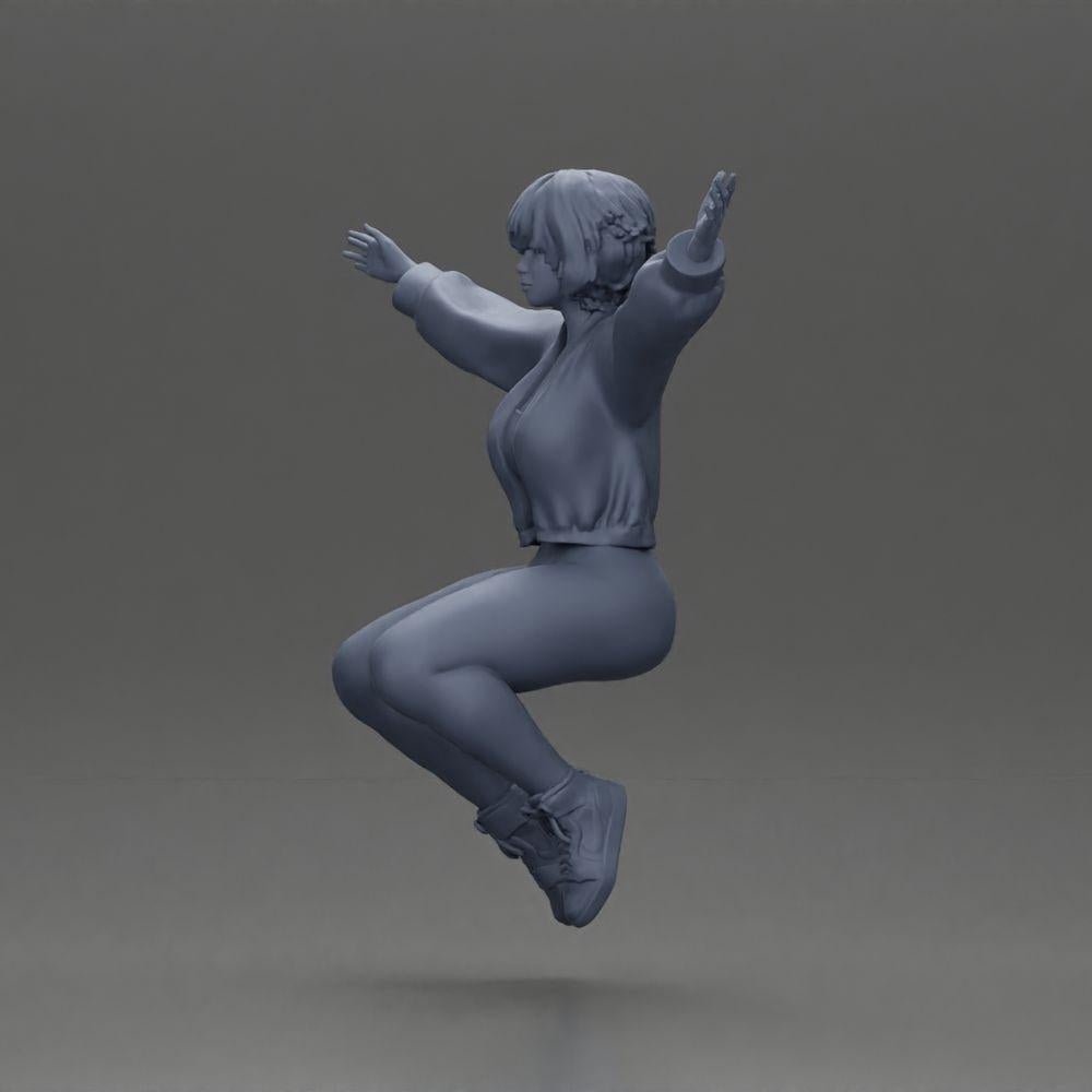 Diorama modelářství produktová fotografie 11: Miniaturní figurka - Sedící dívka s nataženýma rukama, sportovní oblečení (Ref Nr. A80)