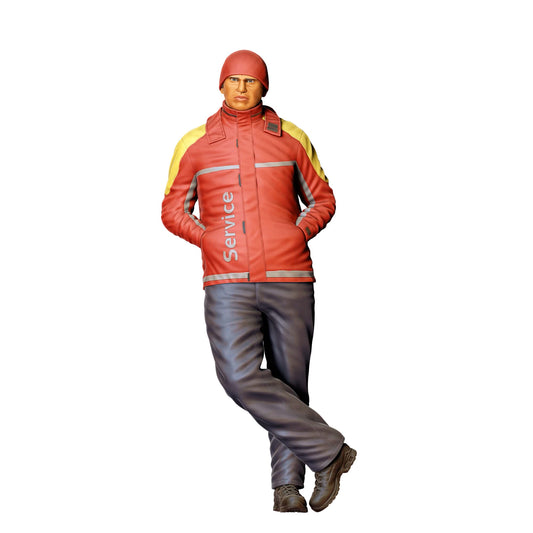 Diorama Modellbau Produktfoto 0: Tankstellen Servicekraft in Winterjacke – Figur mit Händen in den Taschen (Ref. Nr. 433)