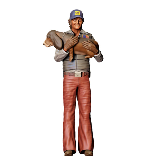 Diorama Modellbau Produktfoto 0: Mann mit Hund auf dem Arm – Figur in Arbeitskleidung mit Basecap (Ref. Nr. 401)