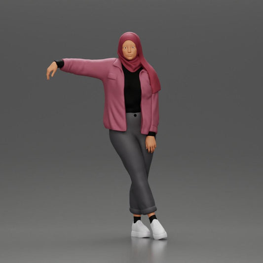 Διακοσμητικό μοντέλο φωτογραφία προϊόντος 0: Διακοσμητική φιγούρα γυναίκας με μαντήλι και μπουφάν, ακ leaning σε αυτοκίνητο, χέρι τεντωμένο (Ref Nr. A59)